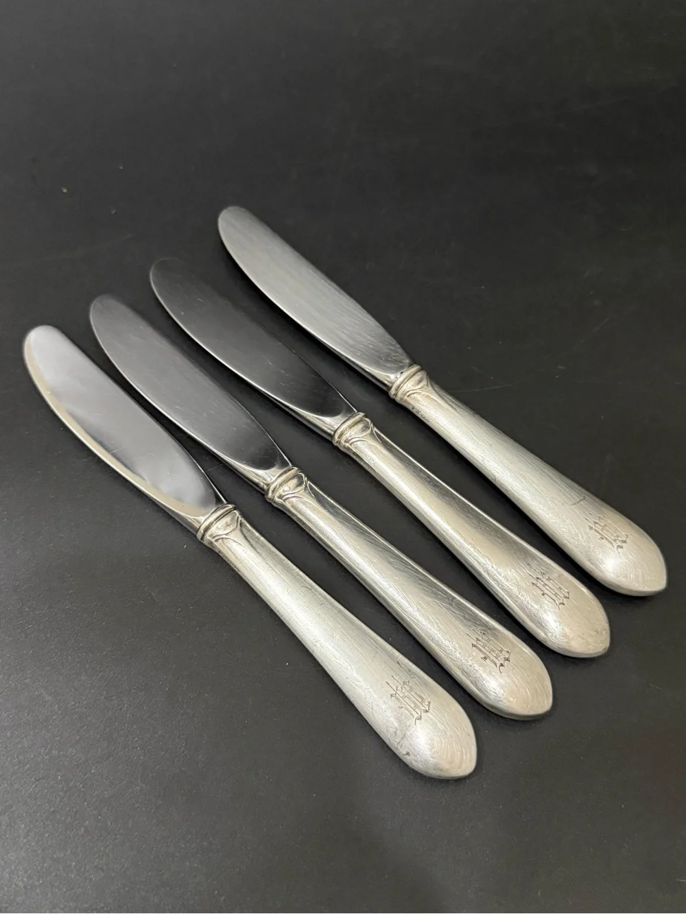 4 Vintage GORHAM Sterling Gothic Monogram W or M Hollow Handle Butter Spreader